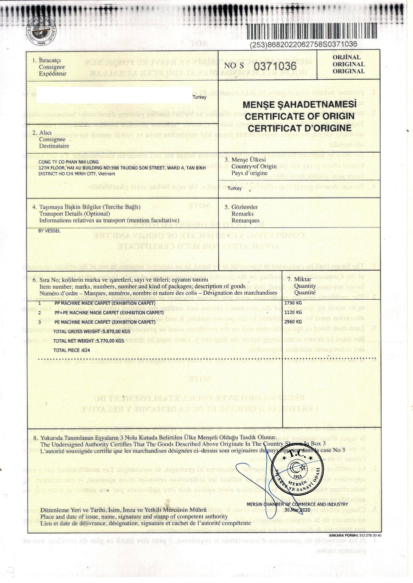 Chứng nhận xuất xứ thảm sofa phòng khách LIMITED EDITION 09347A BLACK T