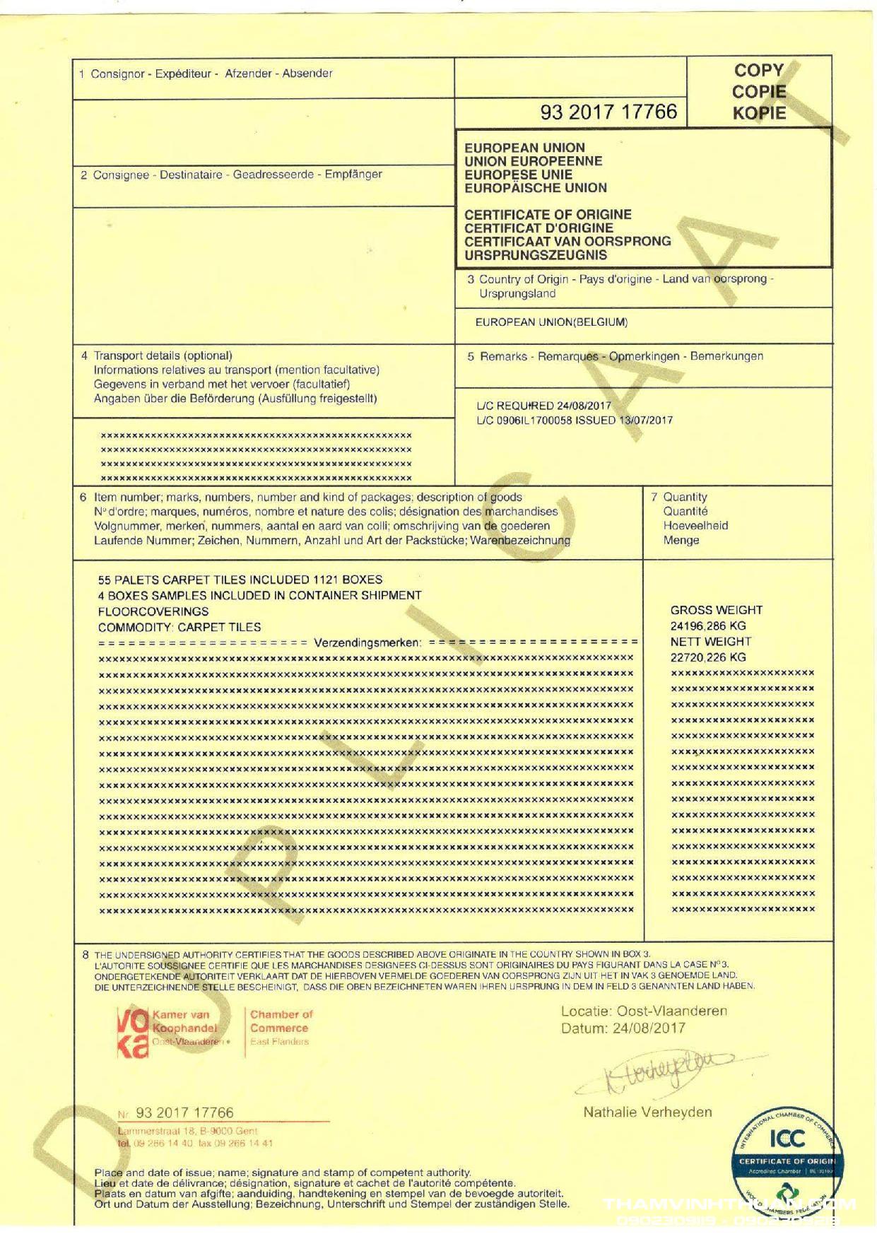 Chứng nhận xuất xứ thảm tấm ARISTO
