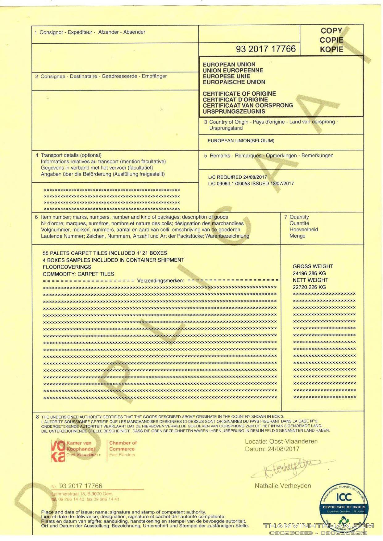 Chứng nhận xuất xứ thảm tấm LINEATIONS