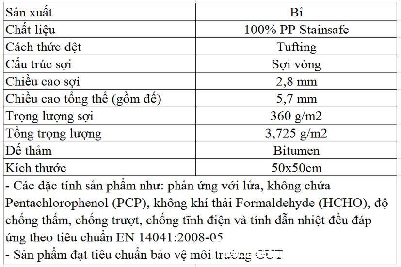 Thông số kỹ thuật thảm tấm DIVA CASA 1