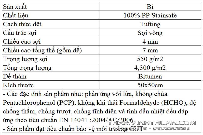 Thông số kỹ thuật thảm tấm Impression 1